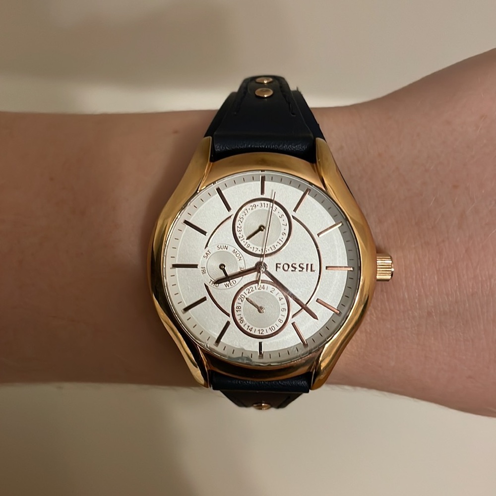 Fossil watch - navy leather and rose gold accents